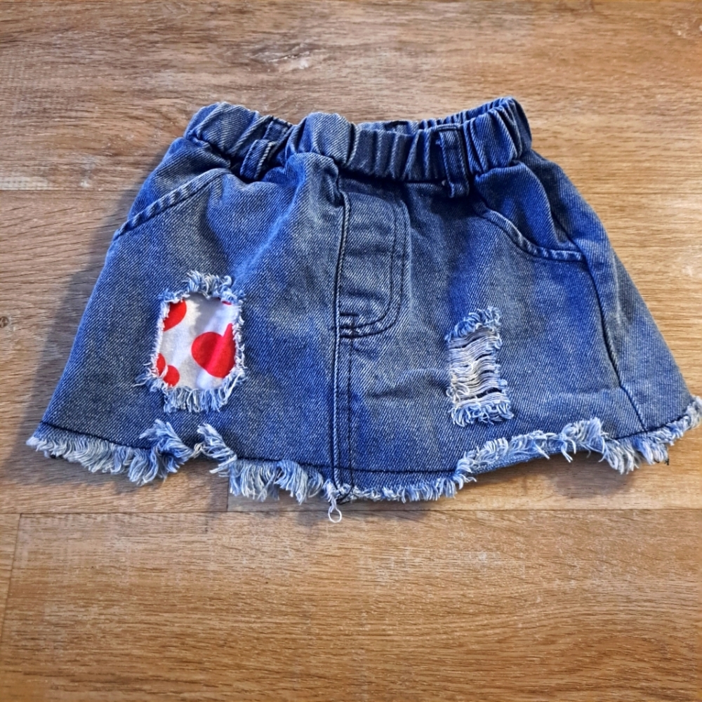 Blue Denim Red Heart Patch Distressed Jean Skirt Baby's Size 6-9 Months